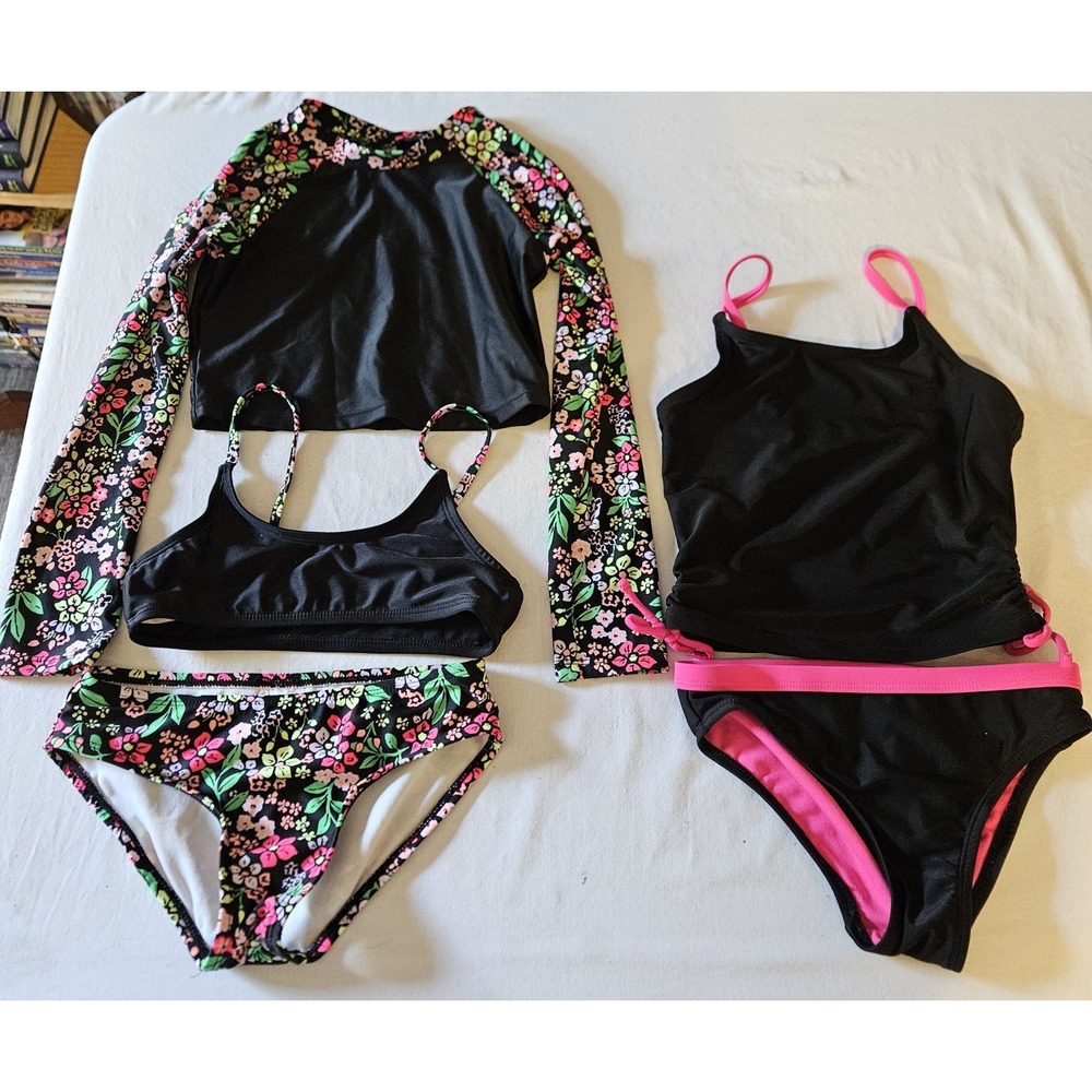 Girls Swimsuit Lot 5 Pc Art Class Wonder Nation S 6/7 Floral Black Pink‎ 2 Sets
